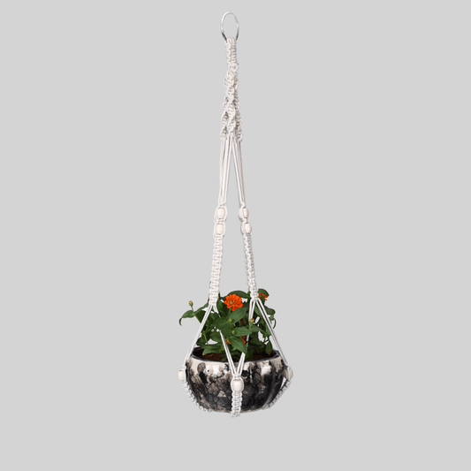 Macrame Cotton Plant Hanger with Wooden Beads | Stylish Indoor Decor - OIKO