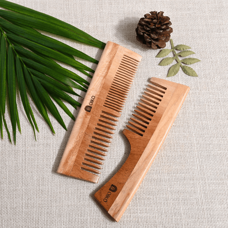 Neem Wood Hair Comb Combo Pack – Handle & Dual - Sided Teeth - OIKO