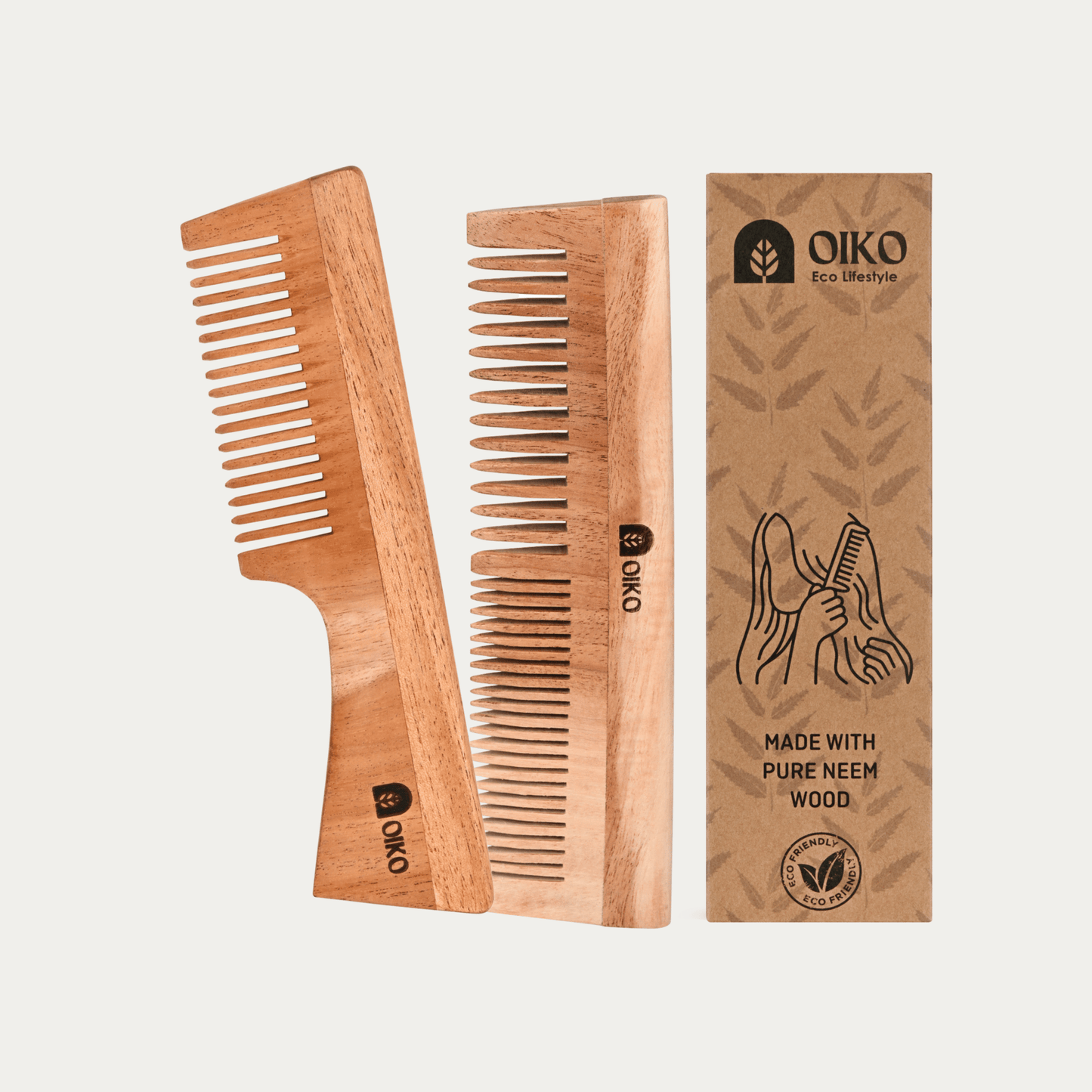 Neem Wood Hair Comb Combo Pack – Handle & Dual - Sided Teeth - OIKO