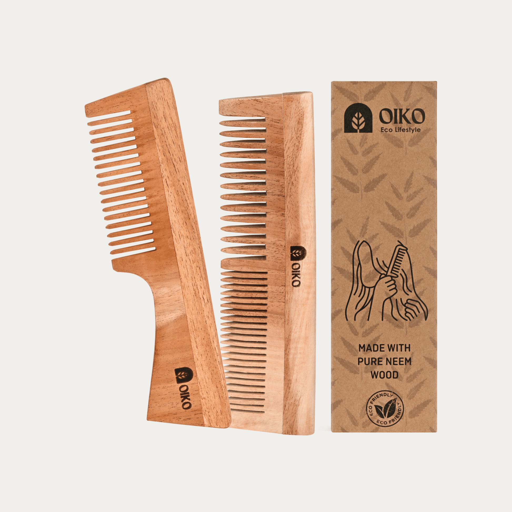 Neem Wood Hair Comb Combo Pack – Handle & Dual - Sided Teeth - OIKO
