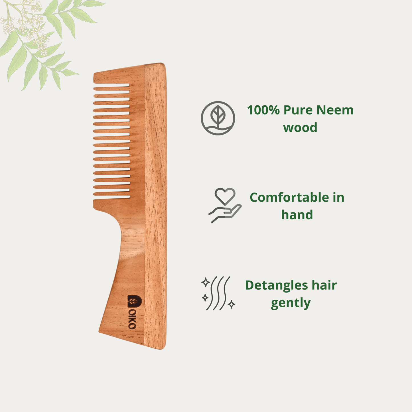 Neem Wood Hair Comb With Handle - Wide Teeth - OIKO