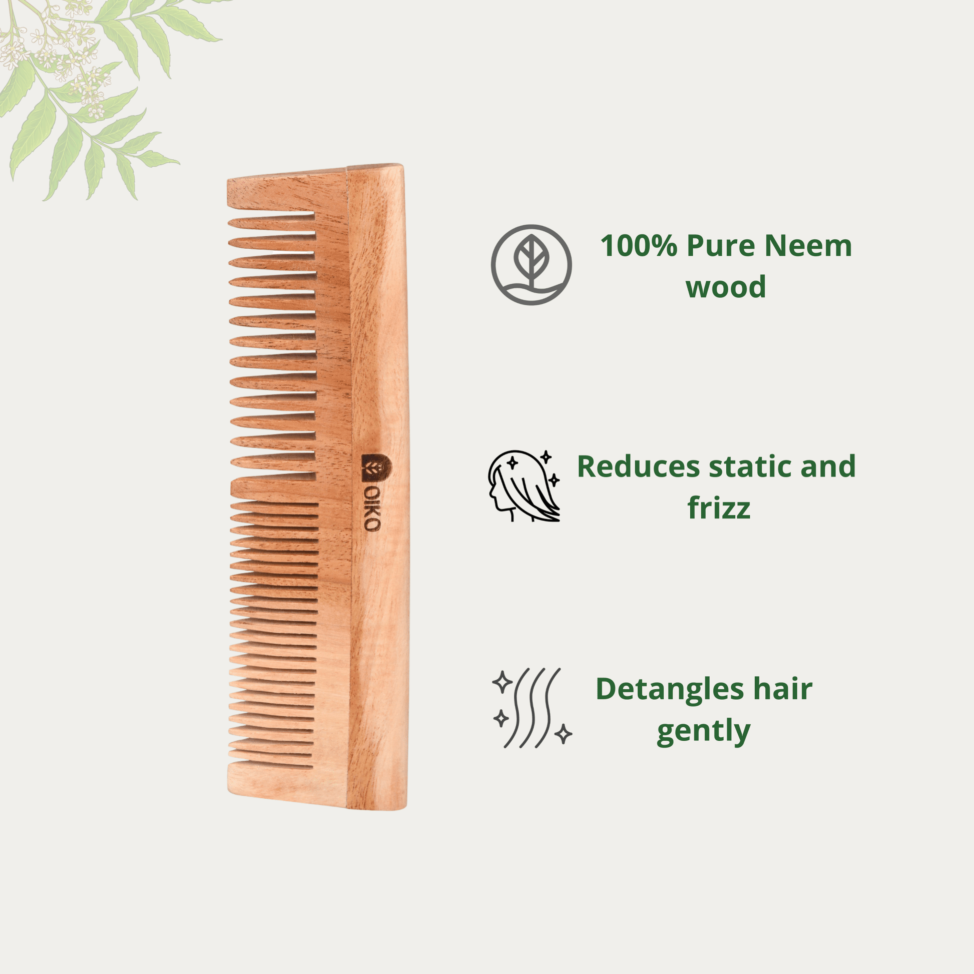 Neem wood Hair comb with narrow and wide tooth - OIKO